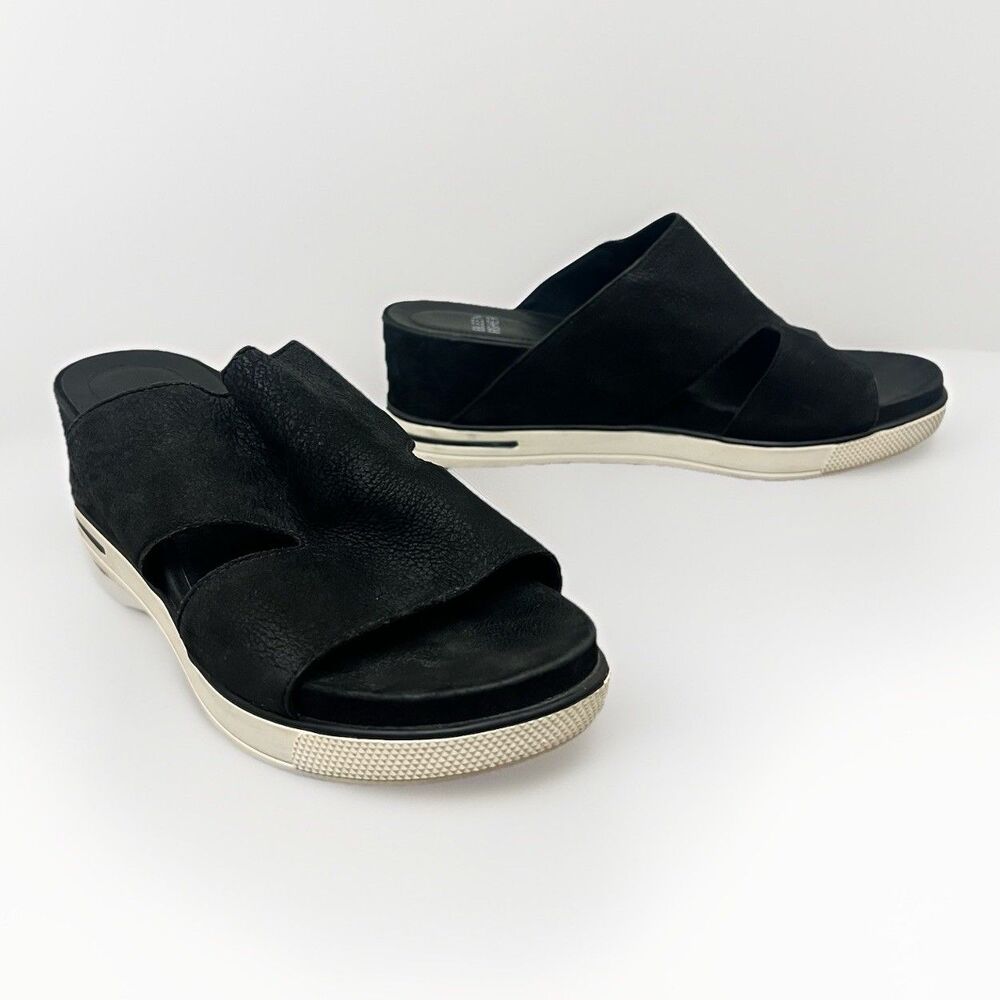 EILEEN FISHER Leather Slides Sandals Wedge In Black